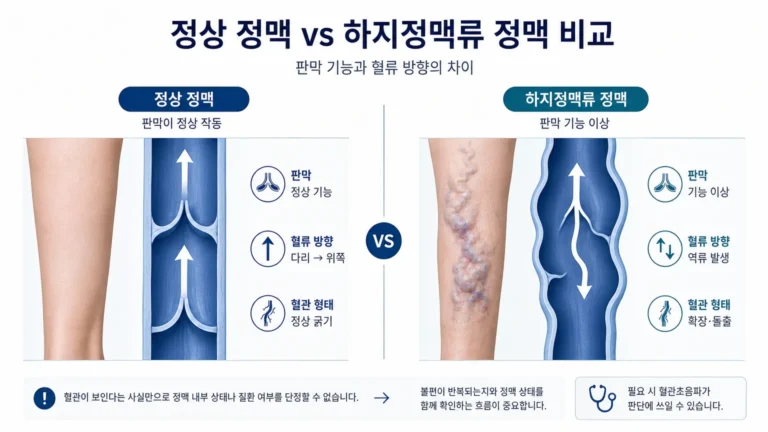 정상 정맥과 확장되어 돌출된 하지정맥류 정맥, 판막과 혈류 방향을 비교한 그림