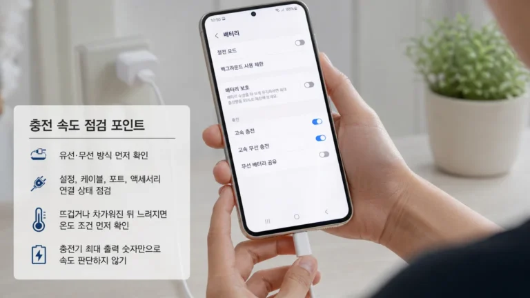 갤럭시에서 충전 설정과 고속 충전 항목을 확인하는 안내 이미지