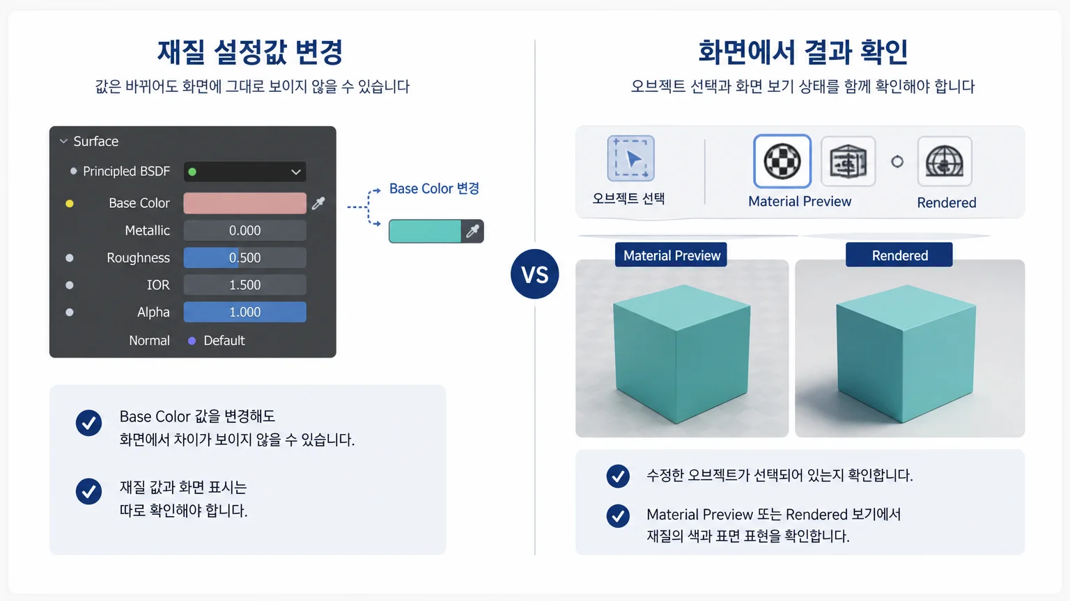 재질 설정값 변경과 화면에서의 결과 확인을 구분한 비교 이미지