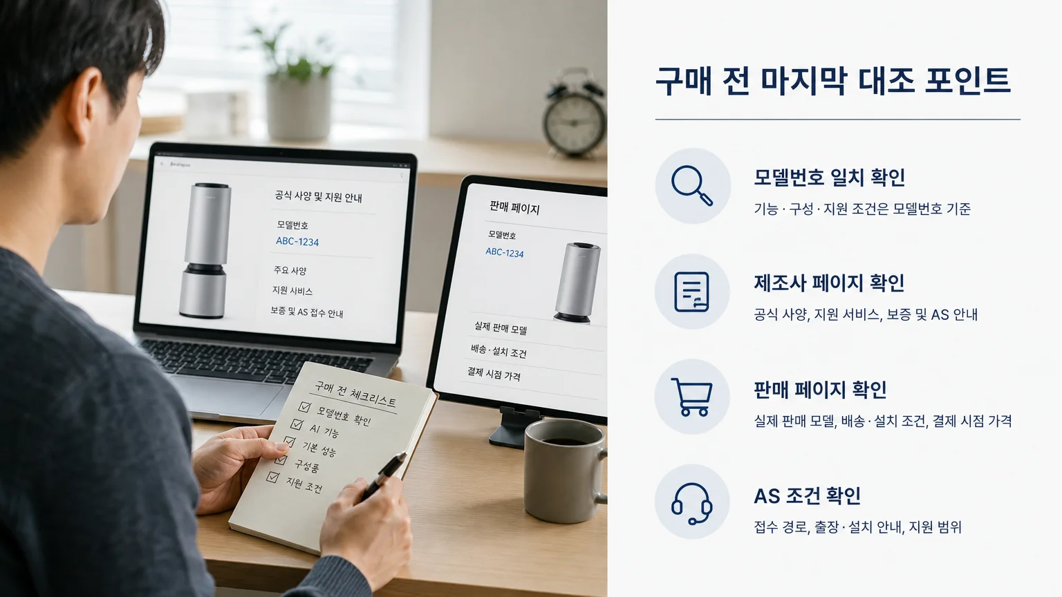 가전 구매 전 모델번호와 공식 가격, AS 조건을 확인하는 장면