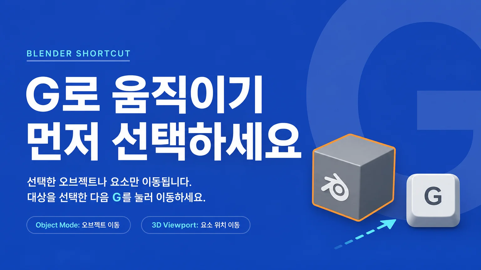 선택한 3D 오브젝트와 G Move 단축키를 보여주는 Blender 입문 이미지