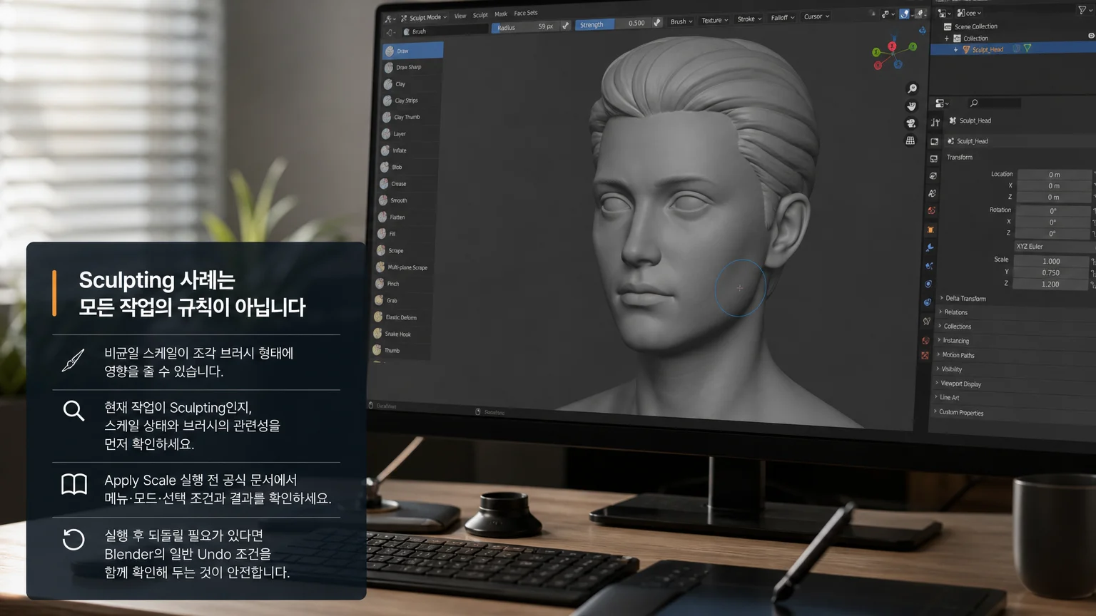 비균일 스케일을 고려하는 조각 작업 맥락을 표현한 화면