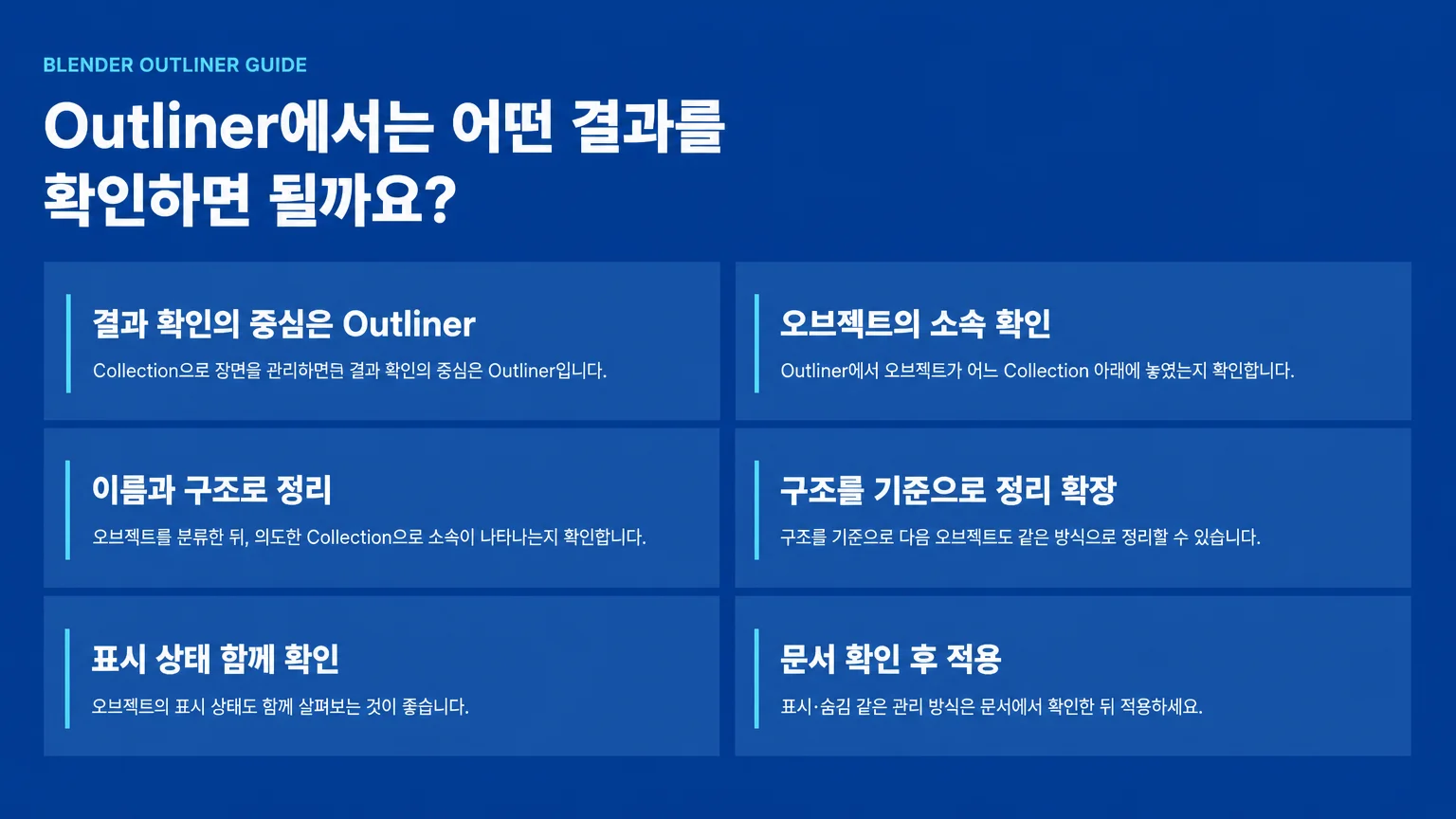 Blender Outliner에서 Collection 관리 결과로 확인할 오브젝트 소속과 이름, 표시 상태