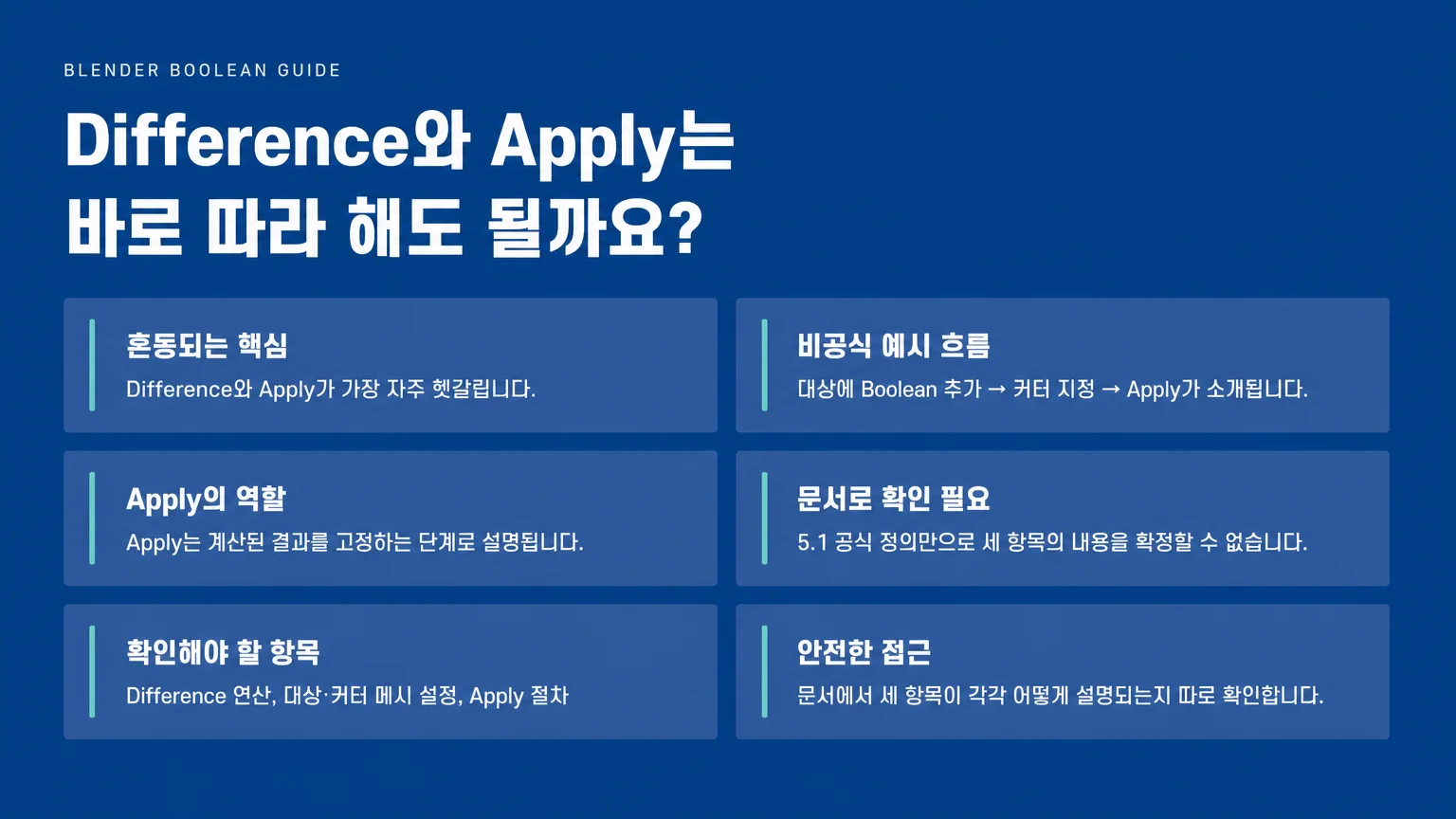 Boolean 작업 전 확인할 Difference, 대상과 커터, Apply 항목