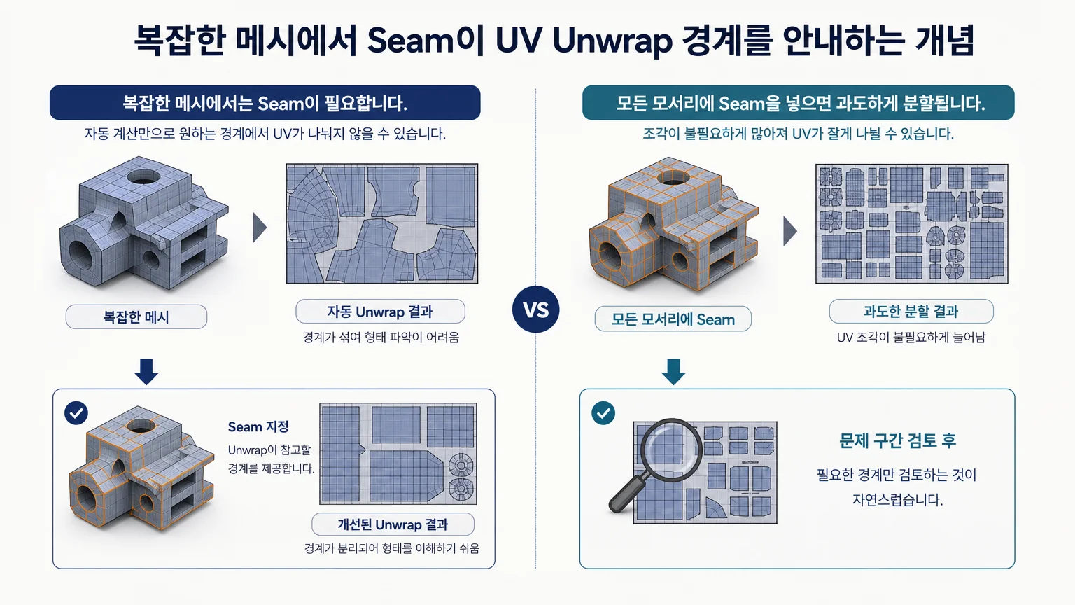 복잡한 메시에서 Seam이 UV Unwrap 경계를 안내하는 개념도